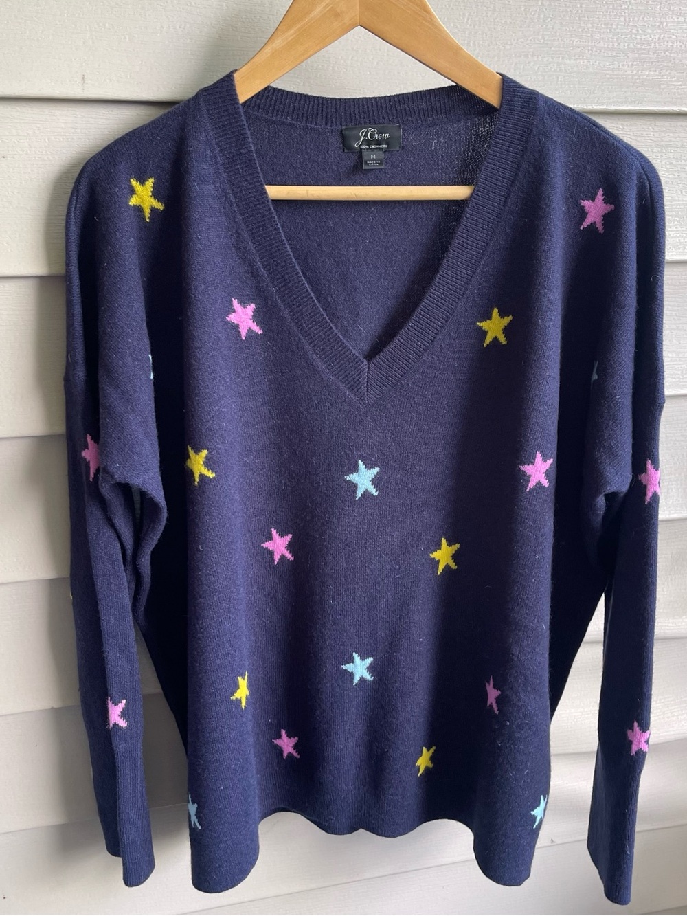 J Crew Women’s Medium 100% Cashmere Navy Blue Heart Star Sweater Luxury Novelty